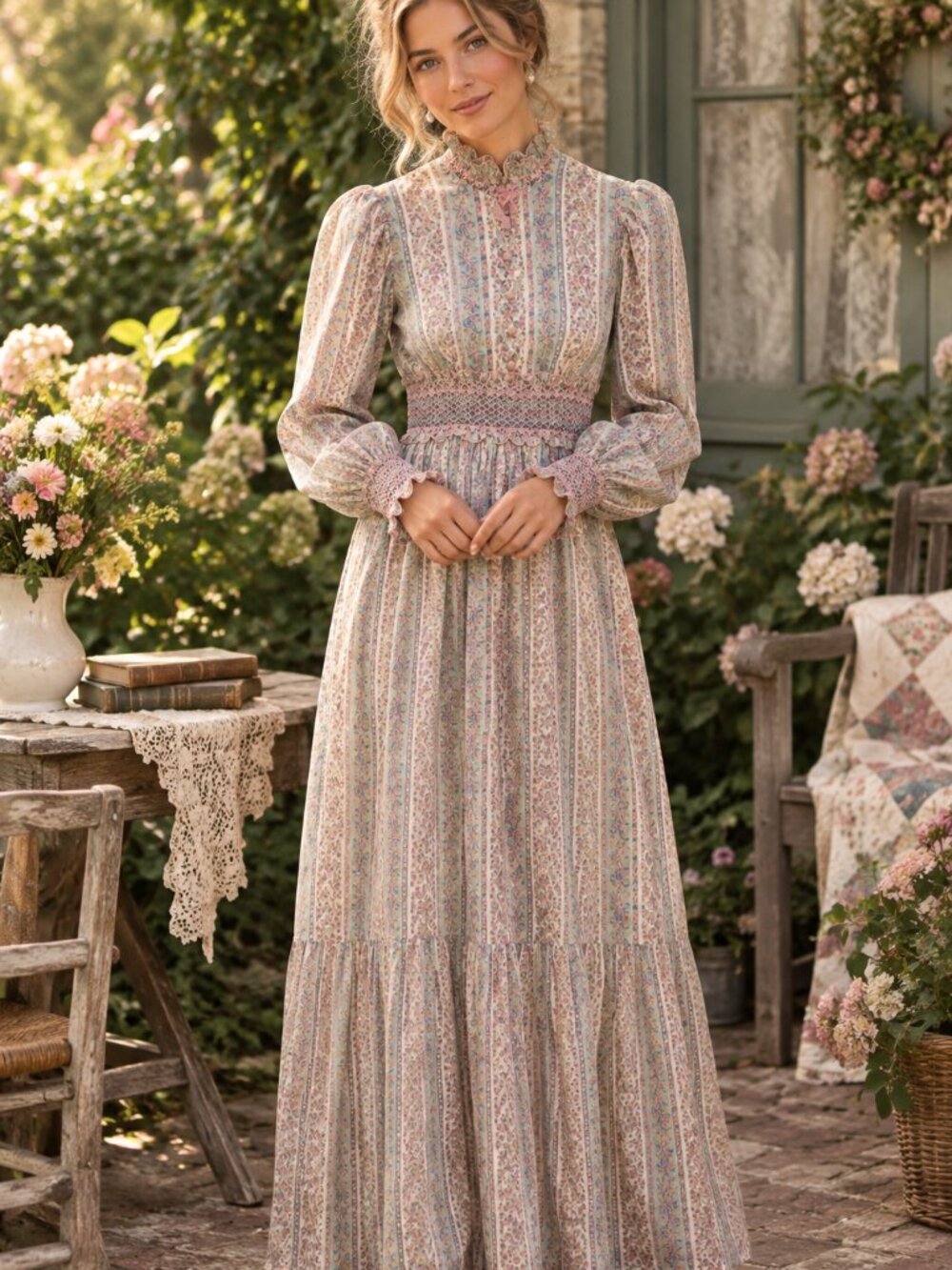 Vintage 70s Pastel Floral Prairie Maxi Dress Smocked Cottagecore Edwardian Small